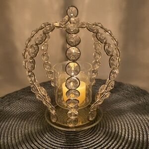 Crown Shaped Candle Holder Silver Toned Metal With Crystal Beads Etched Glass